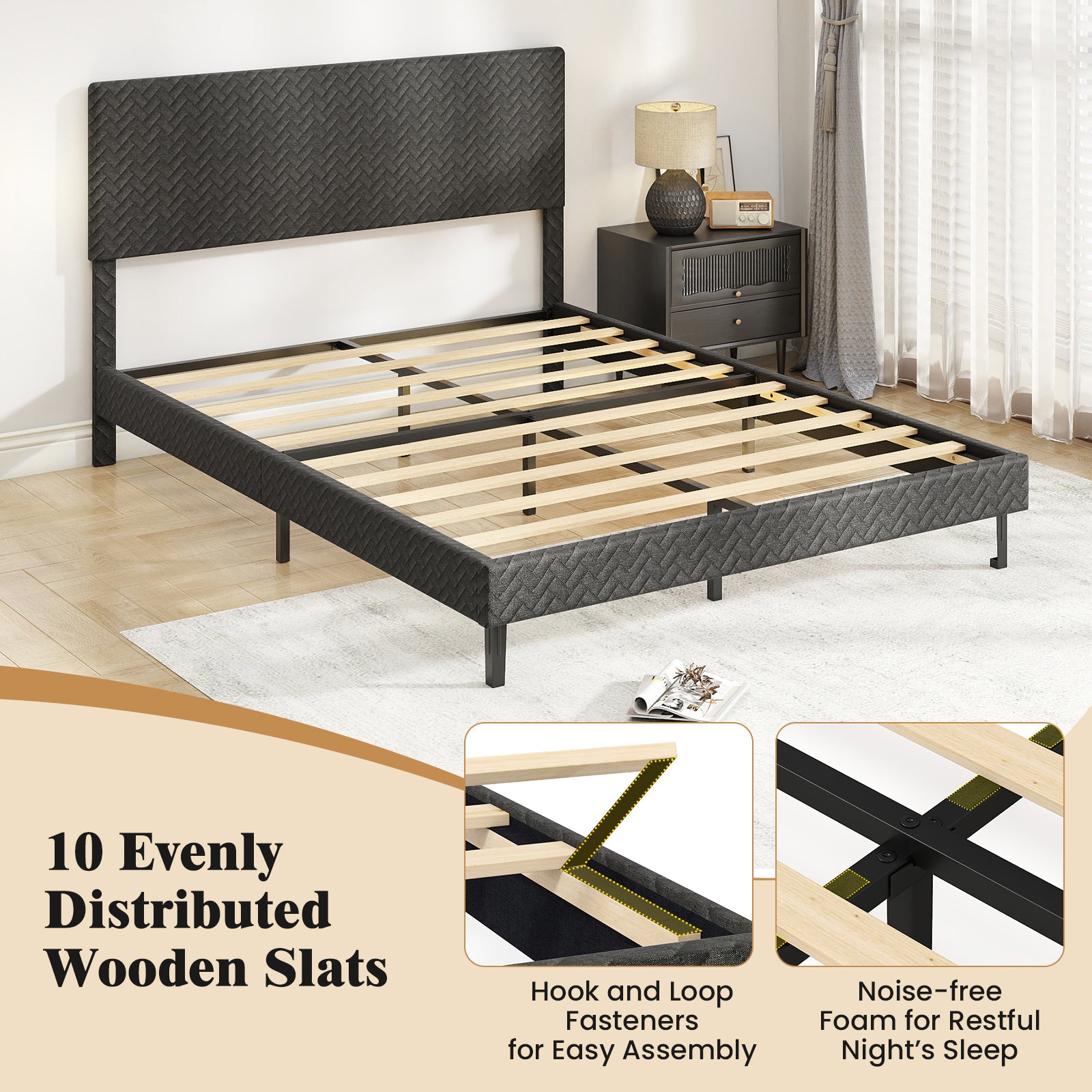 Twin/Full/Queen Size Velvet Bed Frame Upholstered Platform Bed with Chevron Headboard Gray-Queen Simple Bed Frame at Gallery Canada