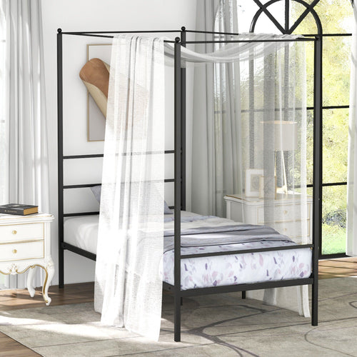 Twin Size Metal Canopy Bed Frame With Slat Support, Black