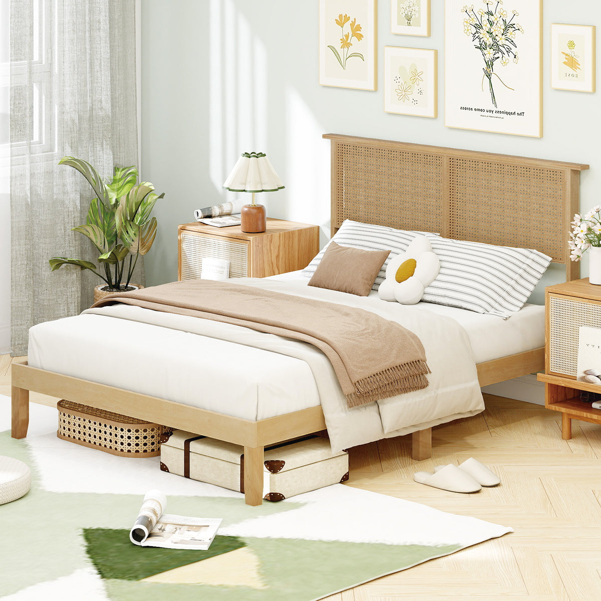 Twin Full Queen Bed Frame With Rattan Headboard, Full Size, Natural Simple Bed Frame at Gallery Canada