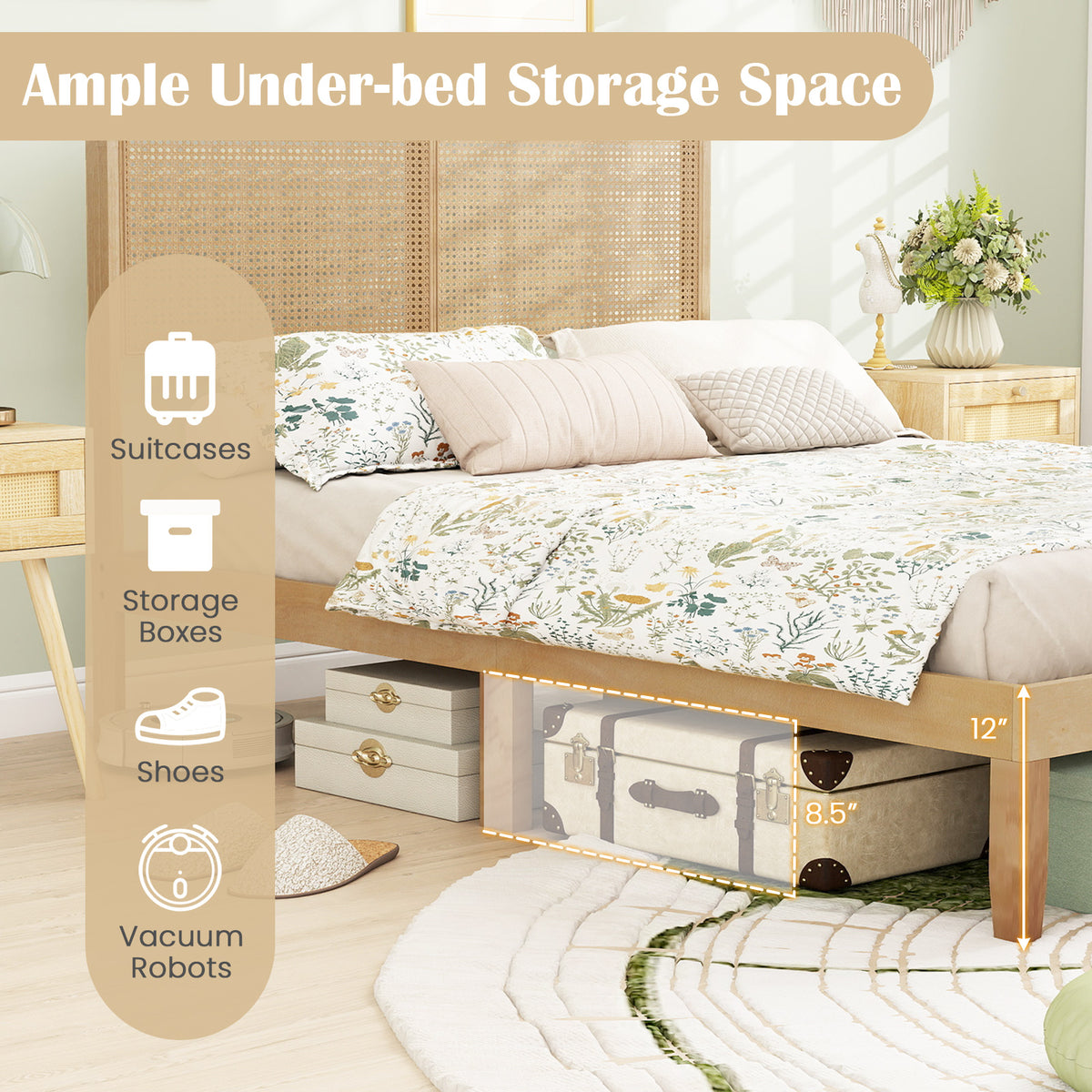 Twin Full Queen Bed Frame With Rattan Headboard, Full Size, Natural Simple Bed Frame at Gallery Canada