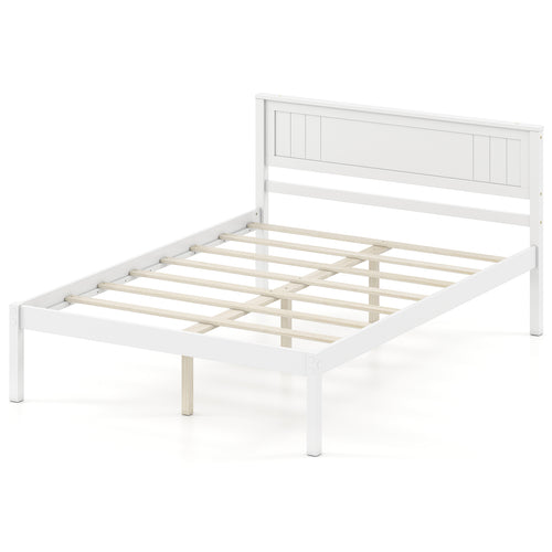 Full Size Sturdy Wooden Bed Frame With Headboard And Slat Support, White