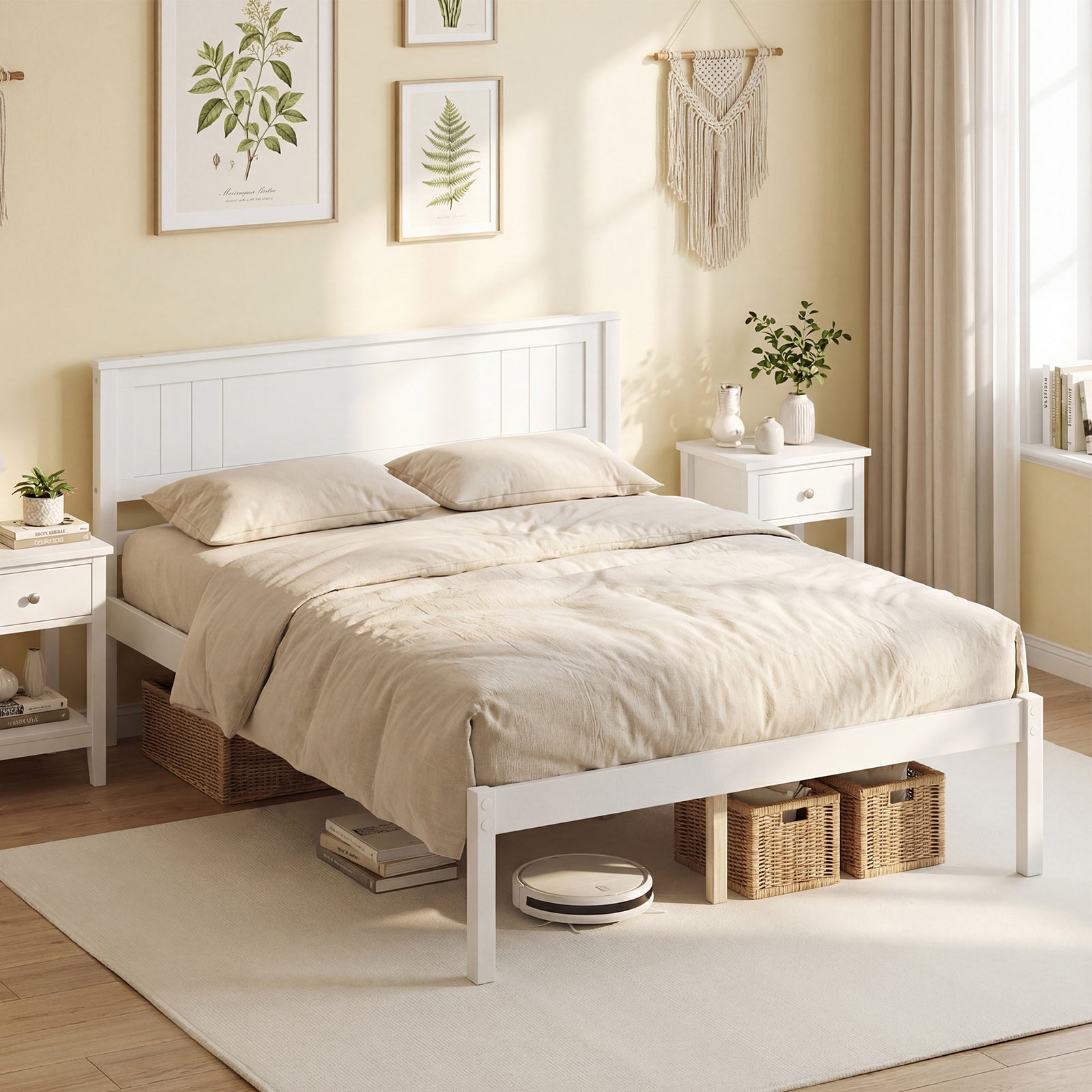 Full Size Sturdy Wooden Bed Frame With Headboard And Slat Support, White Simple Bed Frame at Gallery Canada
