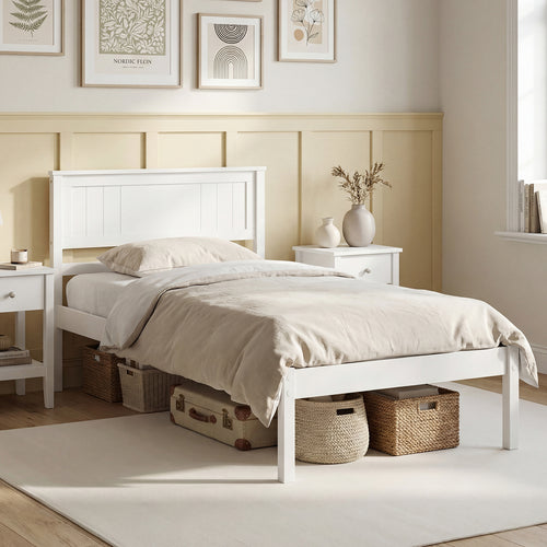Twin/Full/Queen Size Sturdy Wooden Bed Frame with Headboard and Slat Support-Twin Size, White