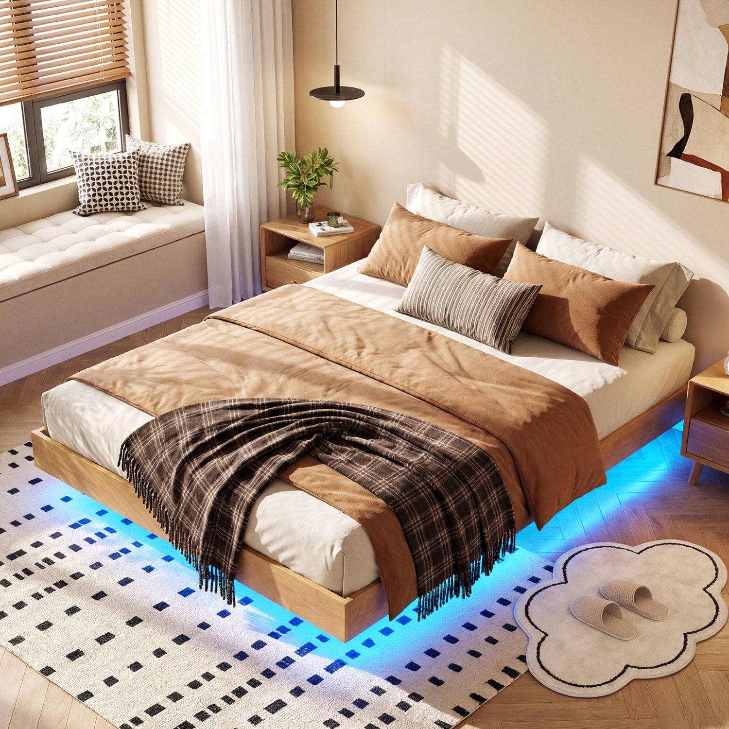Floating Bed Frame With LED Lights, Full Size, Natural Beds & Bed Frames at Gallery Canada