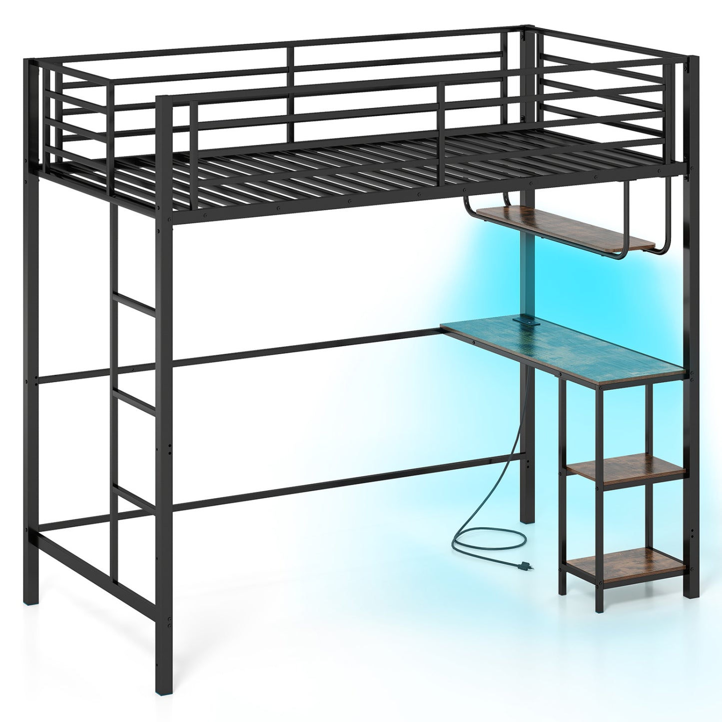 Twin Loft Bed with Desk, LED Lights, Charging Station, Black Bunk Bed Frame at Gallery Canada