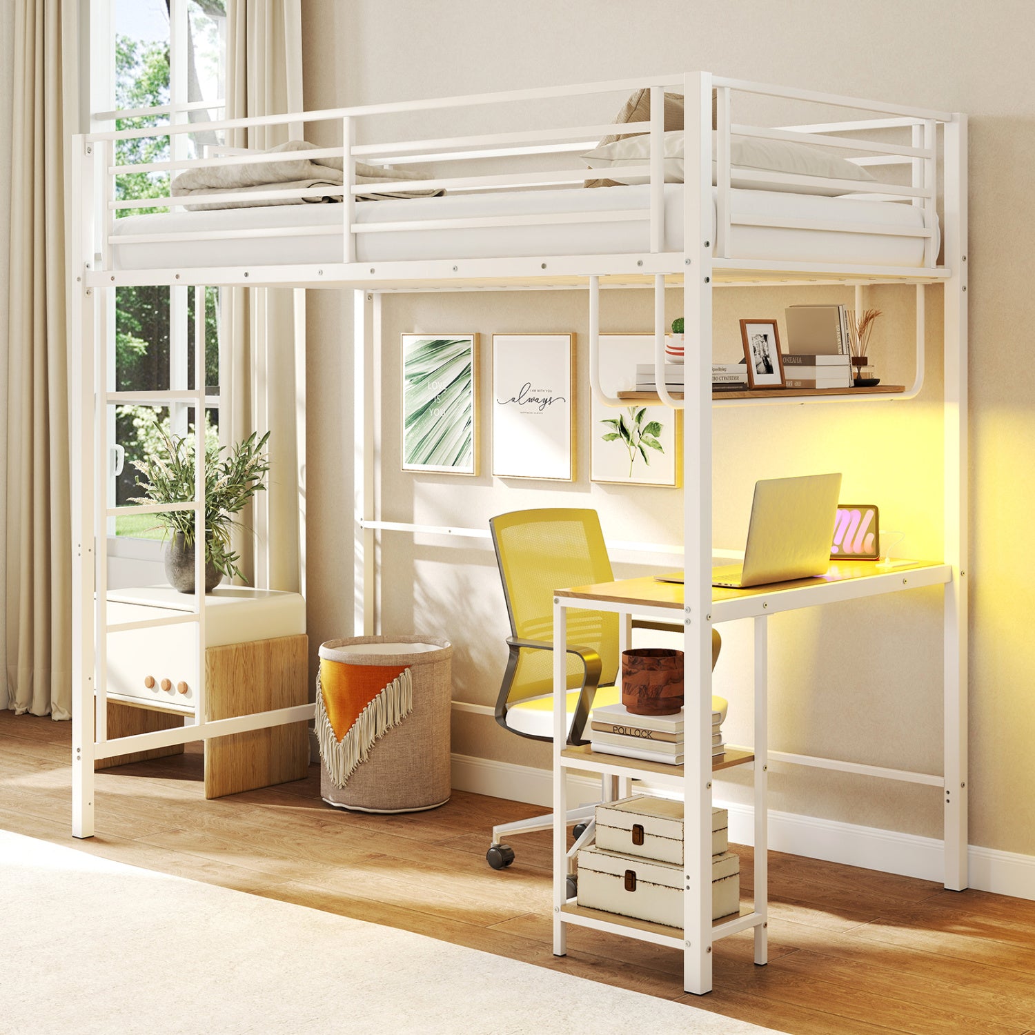 Twin Loft Bed With Desk LED Lights, Heavy-Duty Metal Frame, White Bunk Bed Frame at Gallery Canada