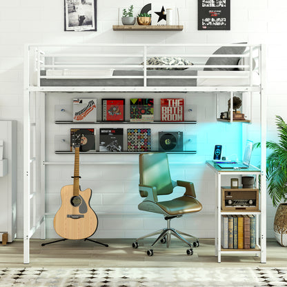 Twin Loft Bed With Desk LED Lights, Heavy-Duty Metal Frame, White Bunk Bed Frame at Gallery Canada