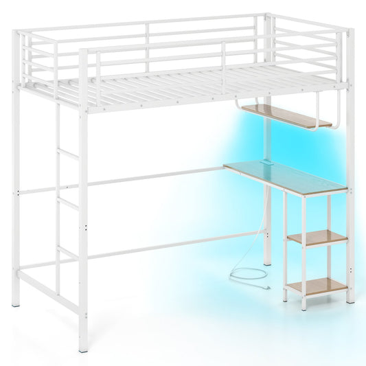 Twin Loft Bed With Desk LED Lights, Heavy-Duty Metal Frame, White Bunk Bed Frame White at Gallery Canada