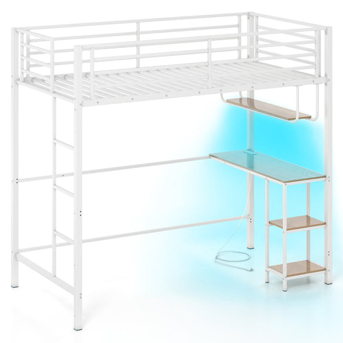 Twin Loft Bed With Desk LED Lights, Heavy-Duty Metal Frame, White
