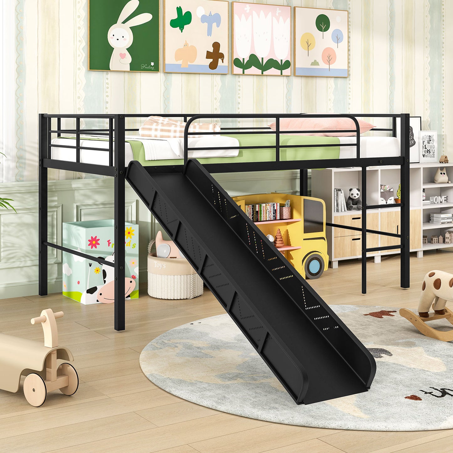 Twin Metal Loft Bed With Slide, Safety Guardrails, Built-In Ladder, Black Bunk Bed Frame at Gallery Canada