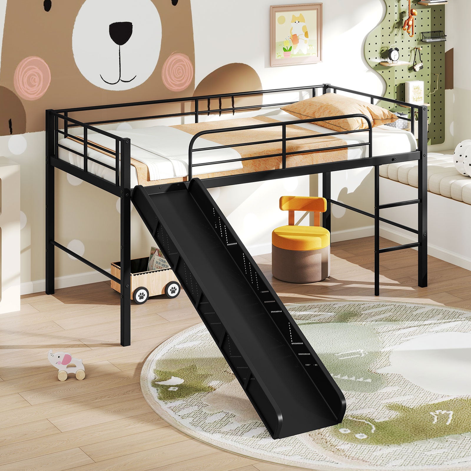 Twin Metal Loft Bed With Slide, Safety Guardrails, Built-In Ladder, Black Bunk Bed Frame at Gallery Canada