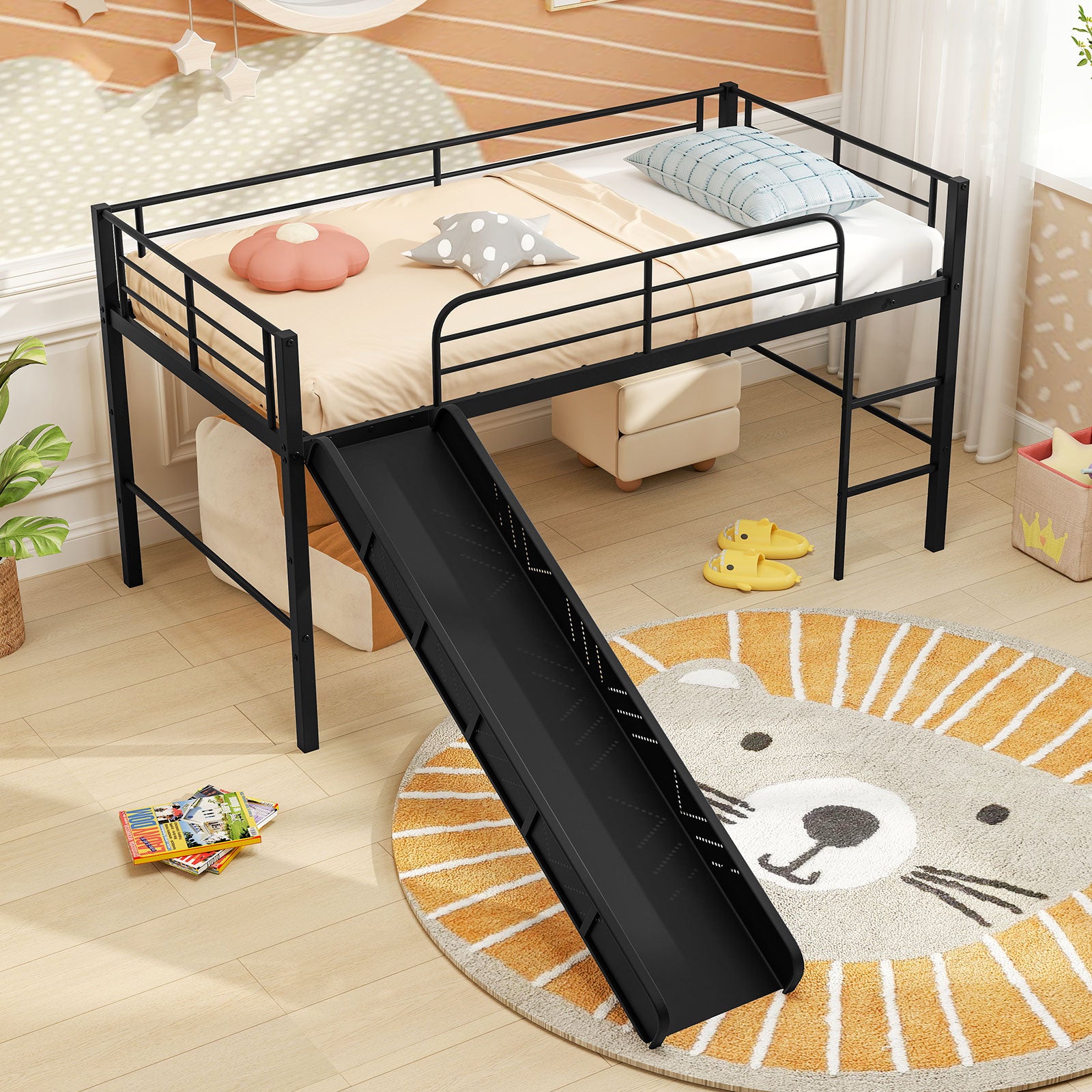 Twin Metal Loft Bed With Slide, Safety Guardrails, Built-In Ladder, Black Bunk Bed Frame at Gallery Canada