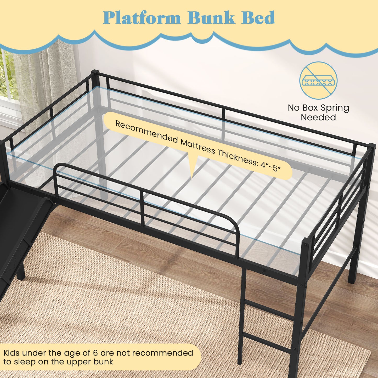 Twin Metal Loft Bed With Slide, Safety Guardrails, Built-In Ladder, Black Bunk Bed Frame at Gallery Canada