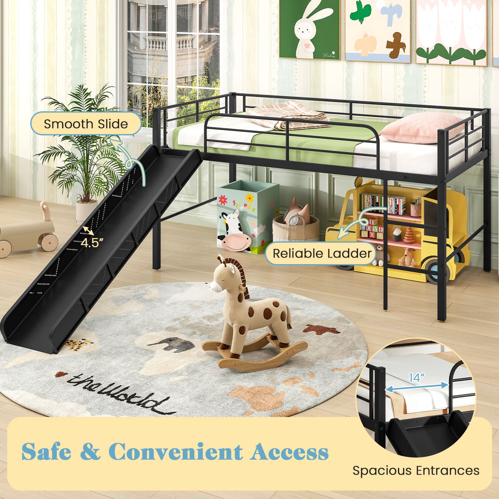 Twin Metal Loft Bed With Slide, Safety Guardrails, Built-In Ladder, Black Bunk Bed Frame at Gallery Canada