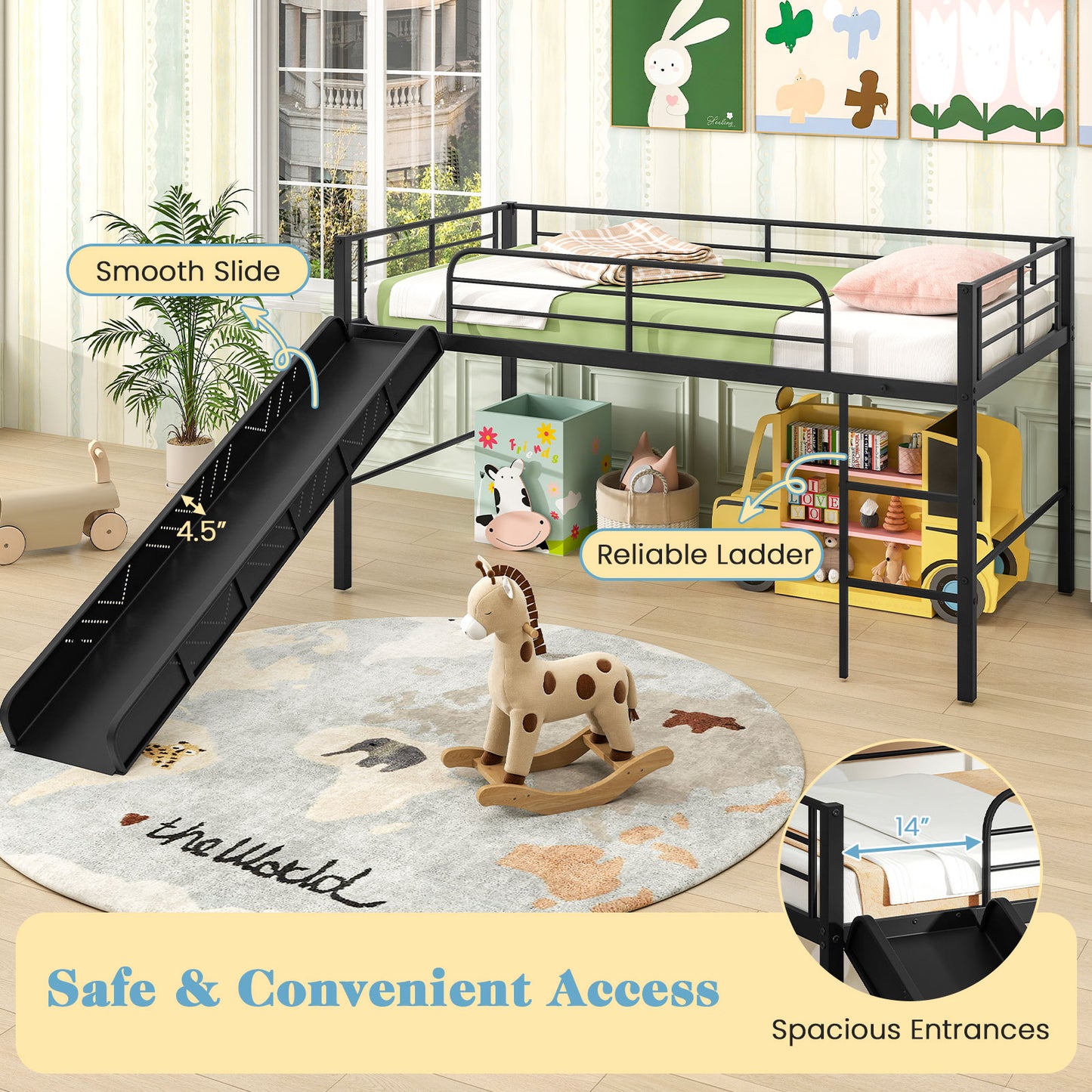 Twin Metal Loft Bed With Slide, Safety Guardrails, Built-In Ladder, Black Bunk Bed Frame at Gallery Canada