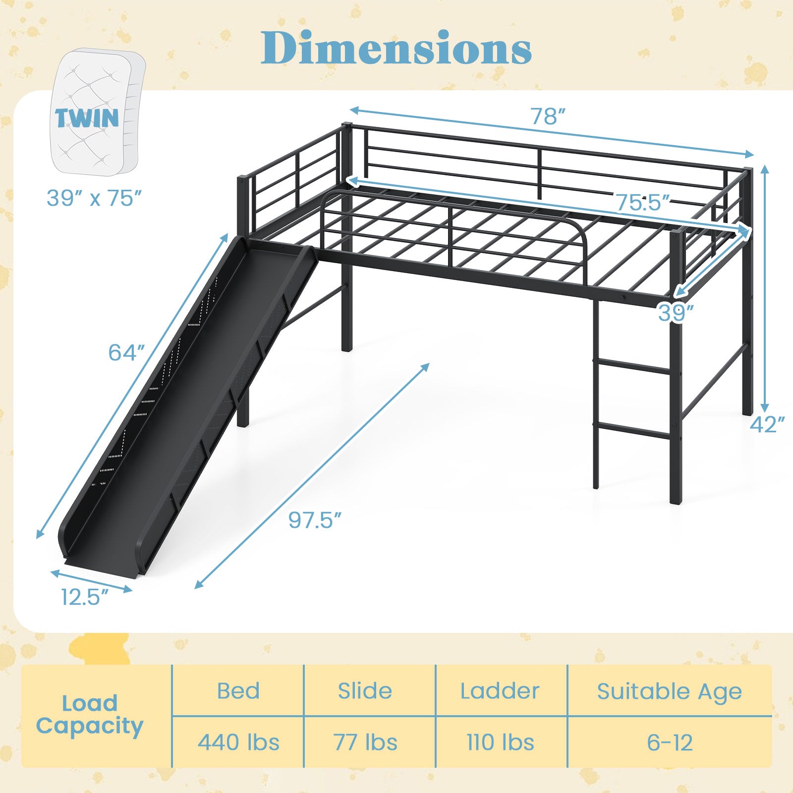 Twin Metal Loft Bed With Slide, Safety Guardrails, Built-In Ladder, Black Bunk Bed Frame at Gallery Canada