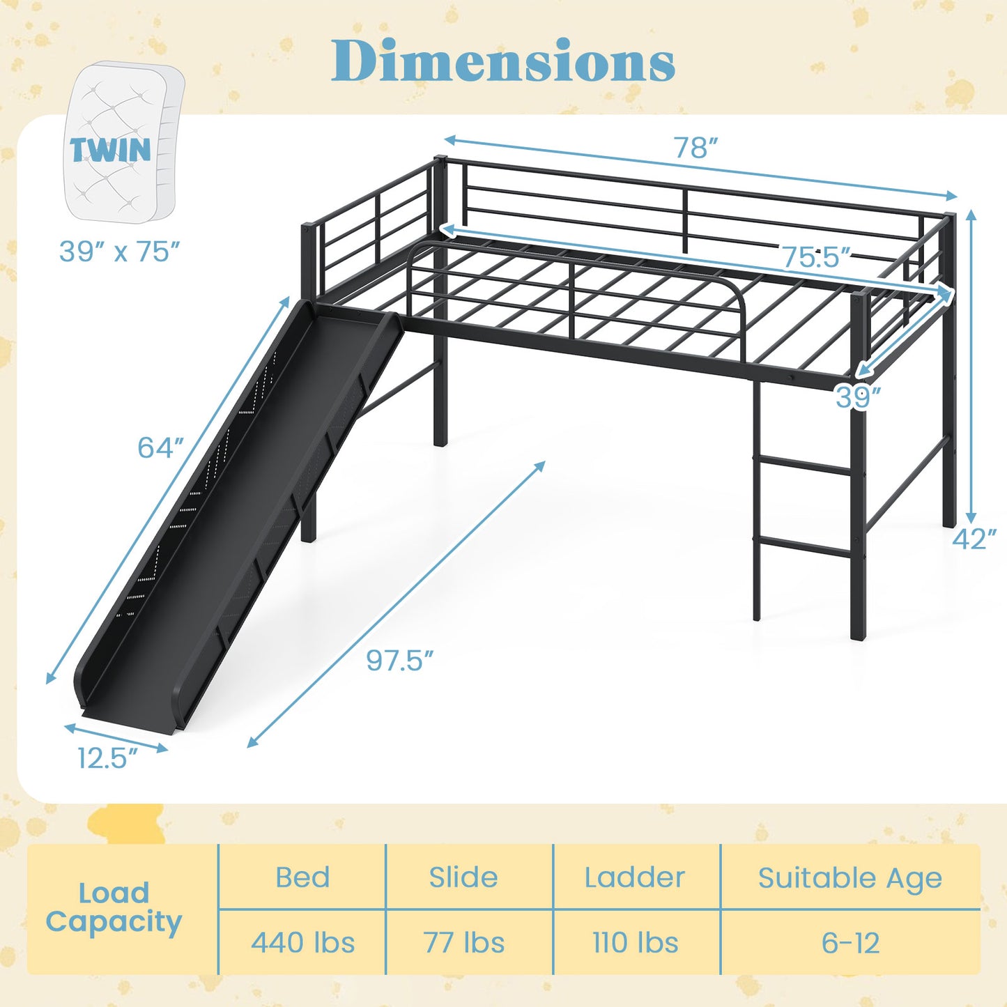 Twin Metal Loft Bed With Slide, Safety Guardrails, Built-In Ladder, Black Bunk Bed Frame at Gallery Canada