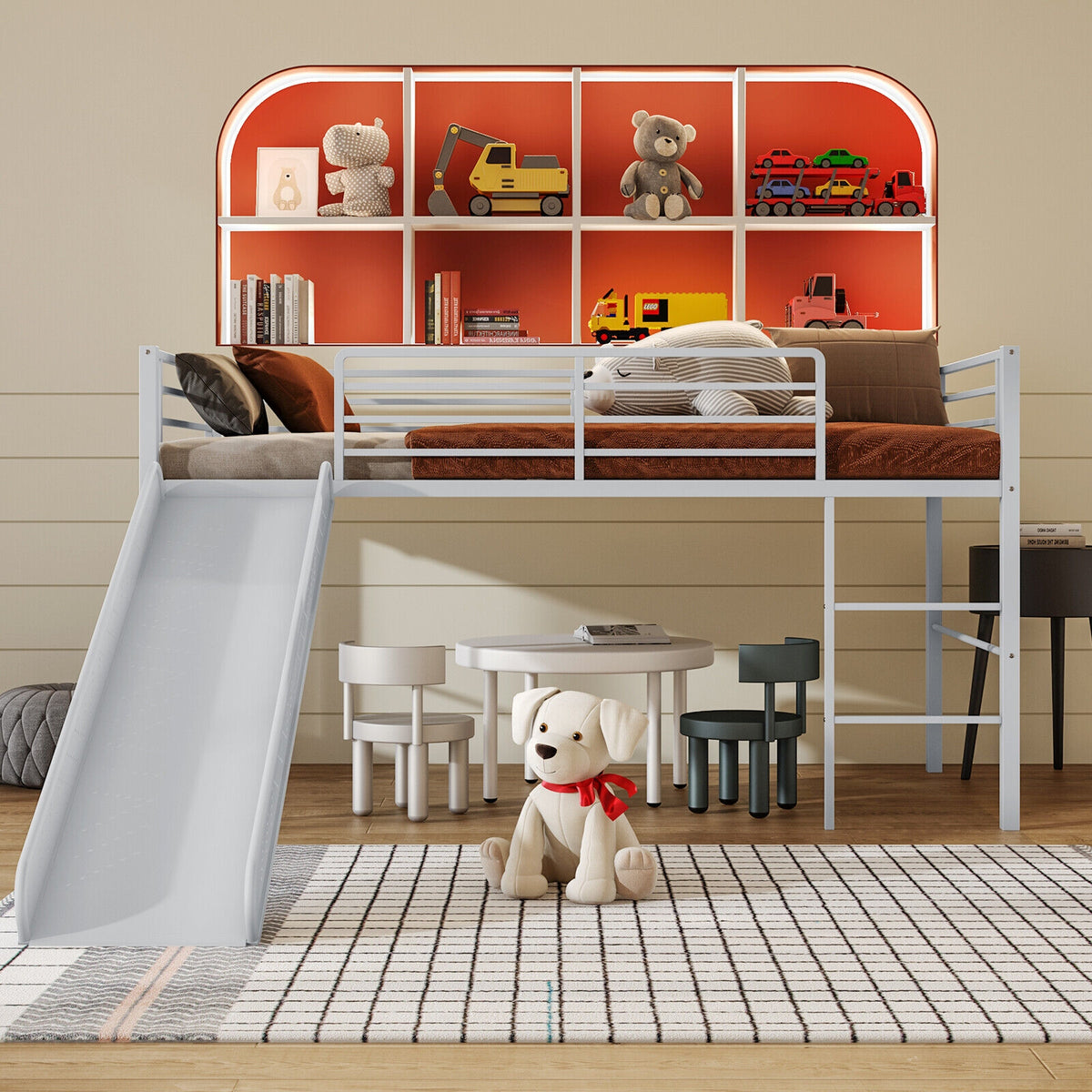 Twin Metal Loft Bed With Slide, Safety Guardrails, Built-in Ladder, Silver Bunk Bed Frame at Gallery Canada
