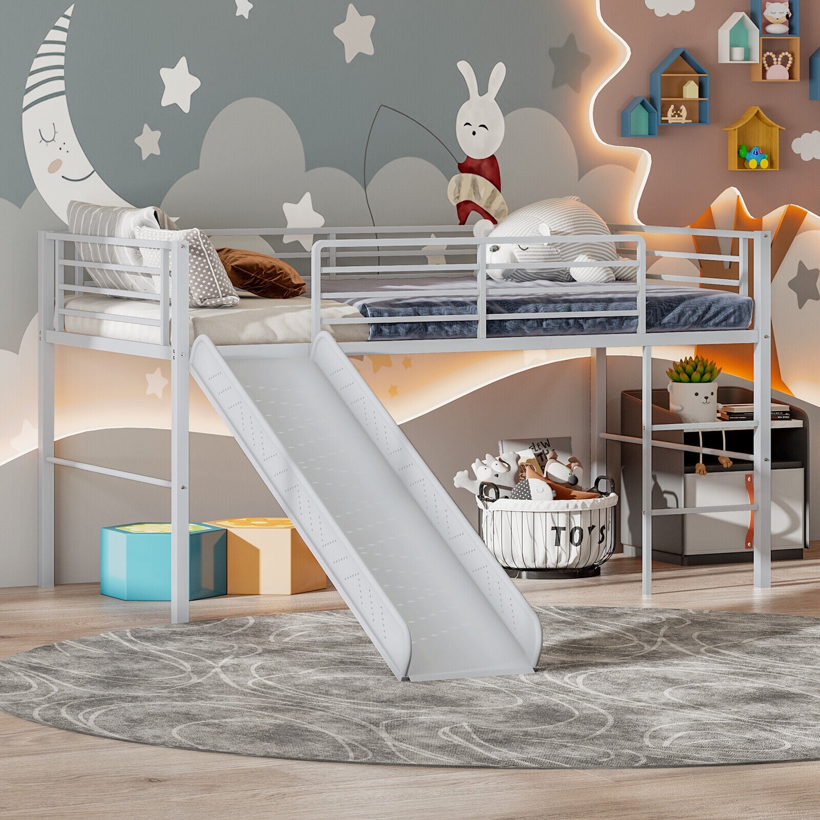Twin Metal Loft Bed With Slide, Safety Guardrails, Built-in Ladder, Silver Bunk Bed Frame at Gallery Canada