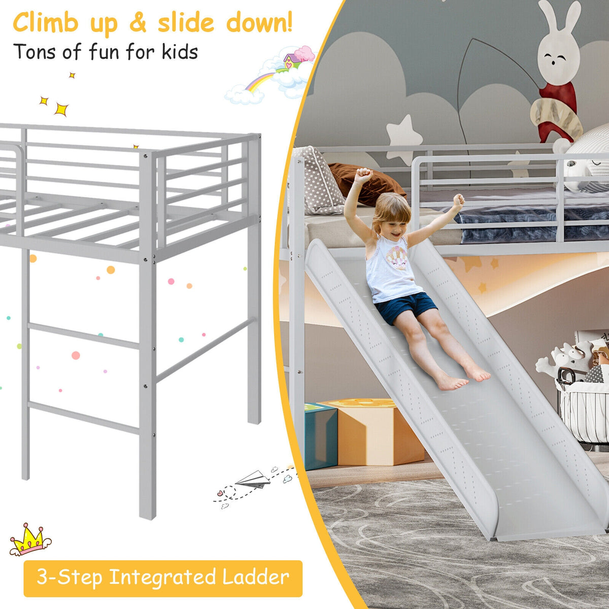 Twin Metal Loft Bed With Slide, Safety Guardrails, Built-in Ladder, Silver Bunk Bed Frame at Gallery Canada