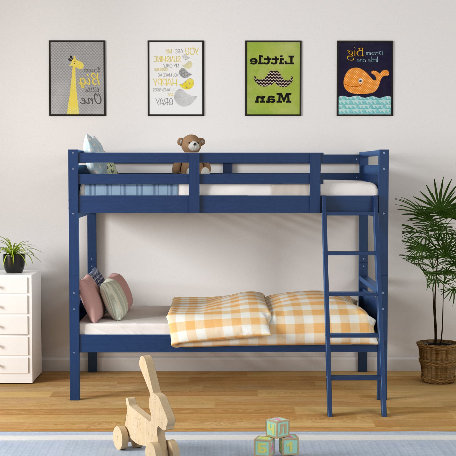 Twin Over Twin Bunk Bed, Convertible To 2 Beds, Wooden, Navy Bunk Bed Frame at Gallery Canada
