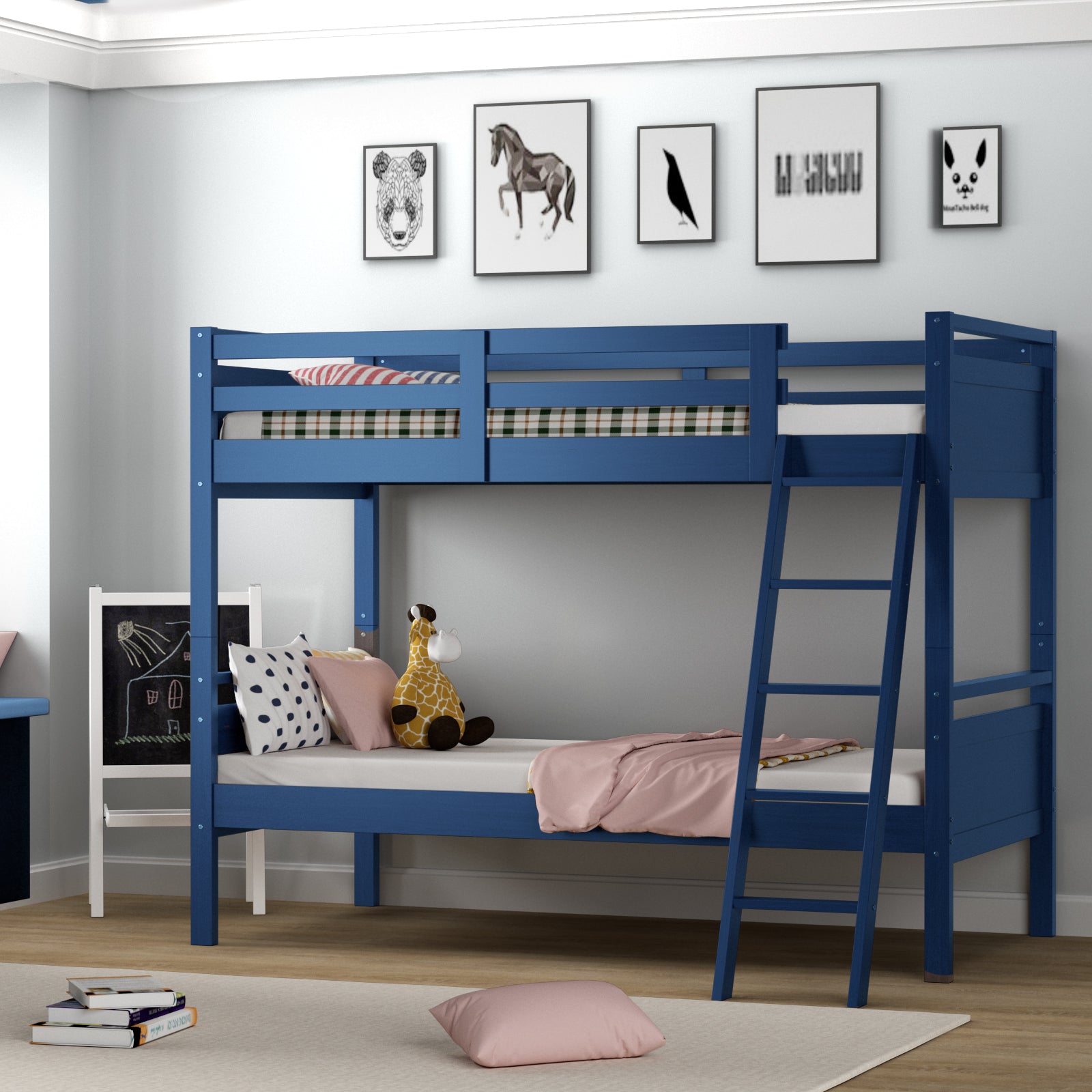 Twin Over Twin Bunk Bed, Convertible To 2 Beds, Wooden, Navy Bunk Bed Frame at Gallery Canada