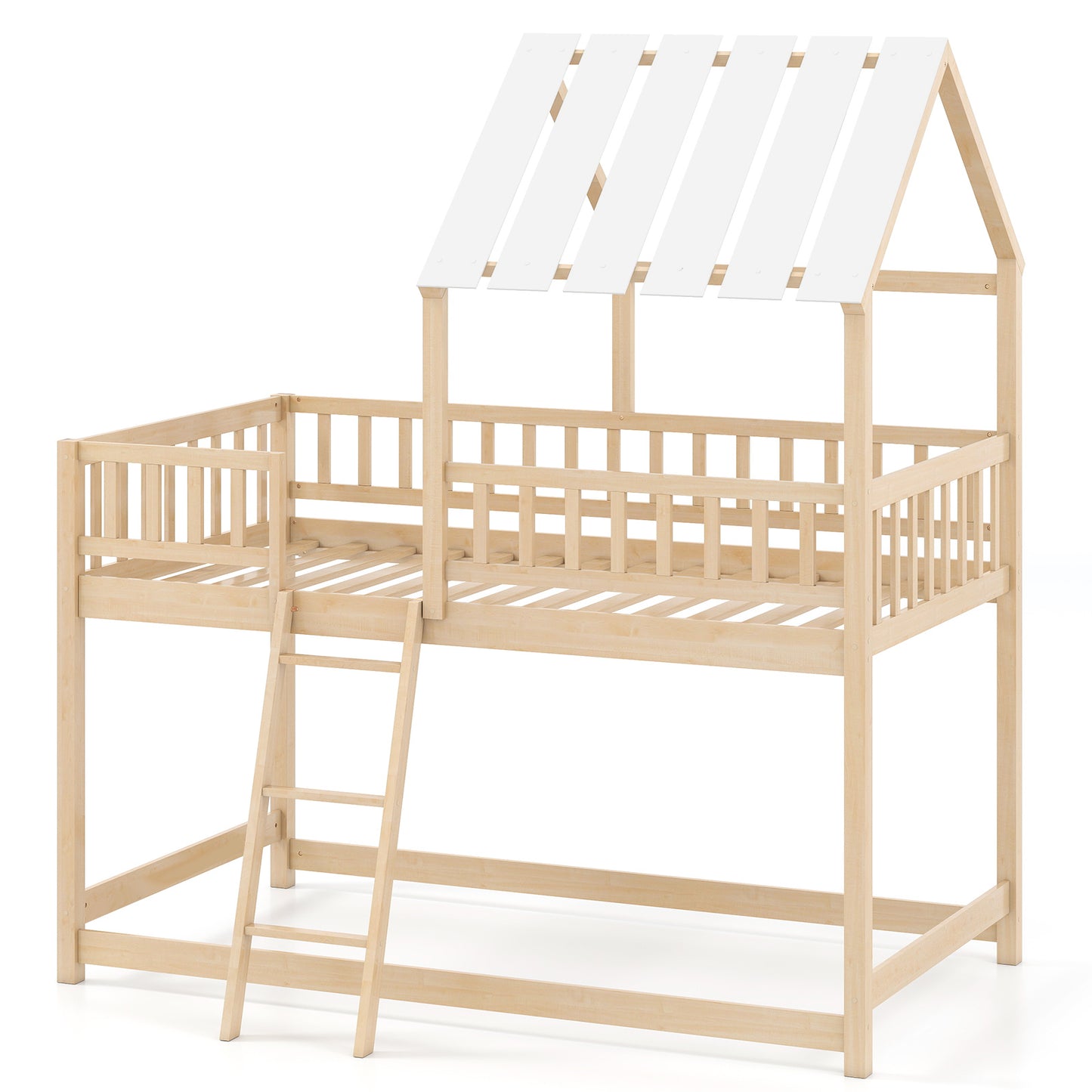 Twin Over Twin Bunk Bed With Roof, Guardrails, Natural Bunk Bed Frame Natural at Gallery Canada