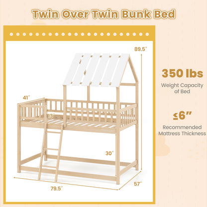 Twin Over Twin Bunk Bed With Roof, Guardrails, Natural Bunk Bed Frame at Gallery Canada