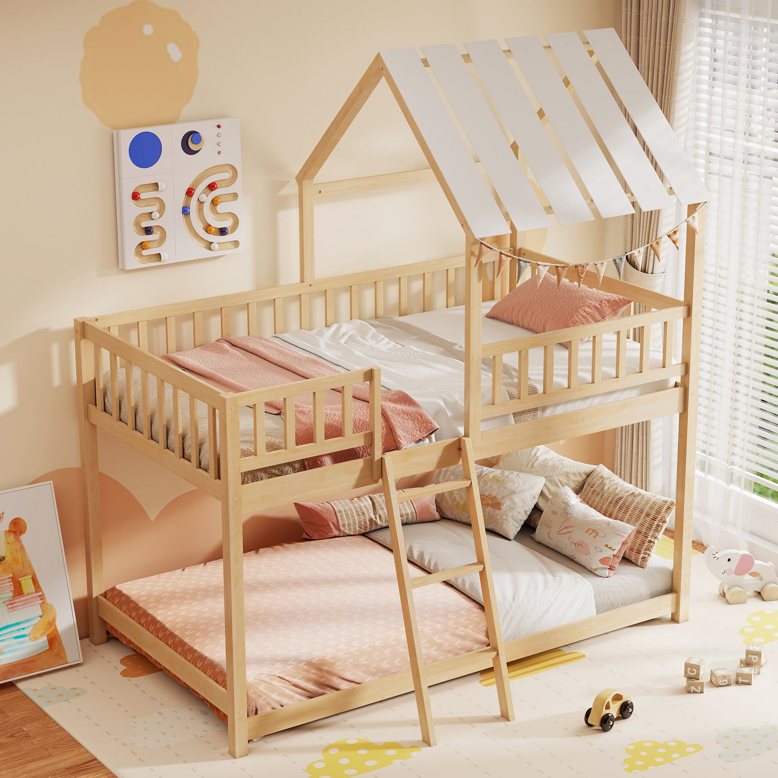 Twin Over Twin Bunk Bed With Roof, Guardrails, Natural Bunk Bed Frame at Gallery Canada