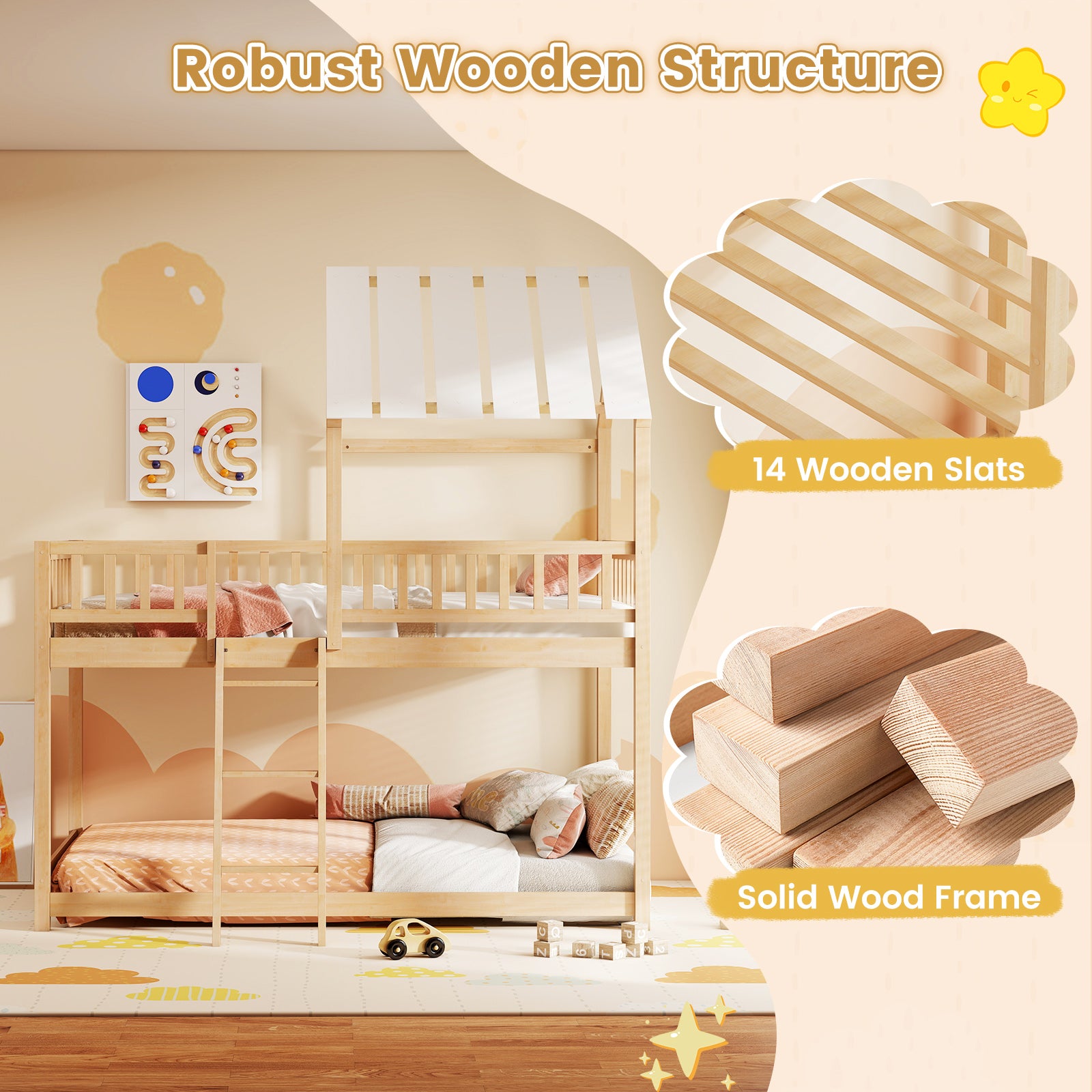 Twin Over Twin Bunk Bed With Roof, Guardrails, Natural Bunk Bed Frame at Gallery Canada