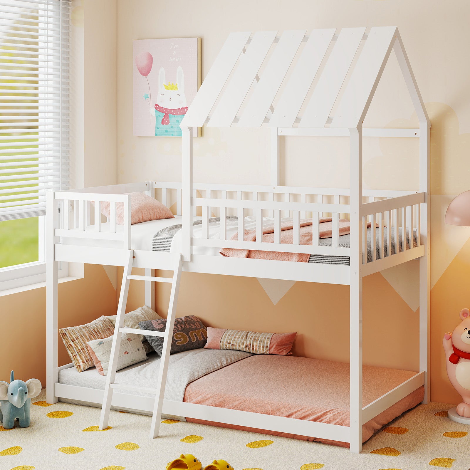 Twin Over Twin House Bunk Bed with Roof and Full-length Guardrails for Kids Teens Boys Girls, White Bunk Bed Frame at Gallery Canada