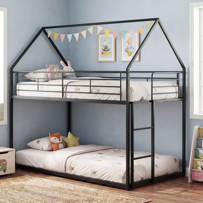 Twin Over Twin Metal Bunk Bed With Roof, Ladder, Black Bunk Bed Frame at Gallery Canada