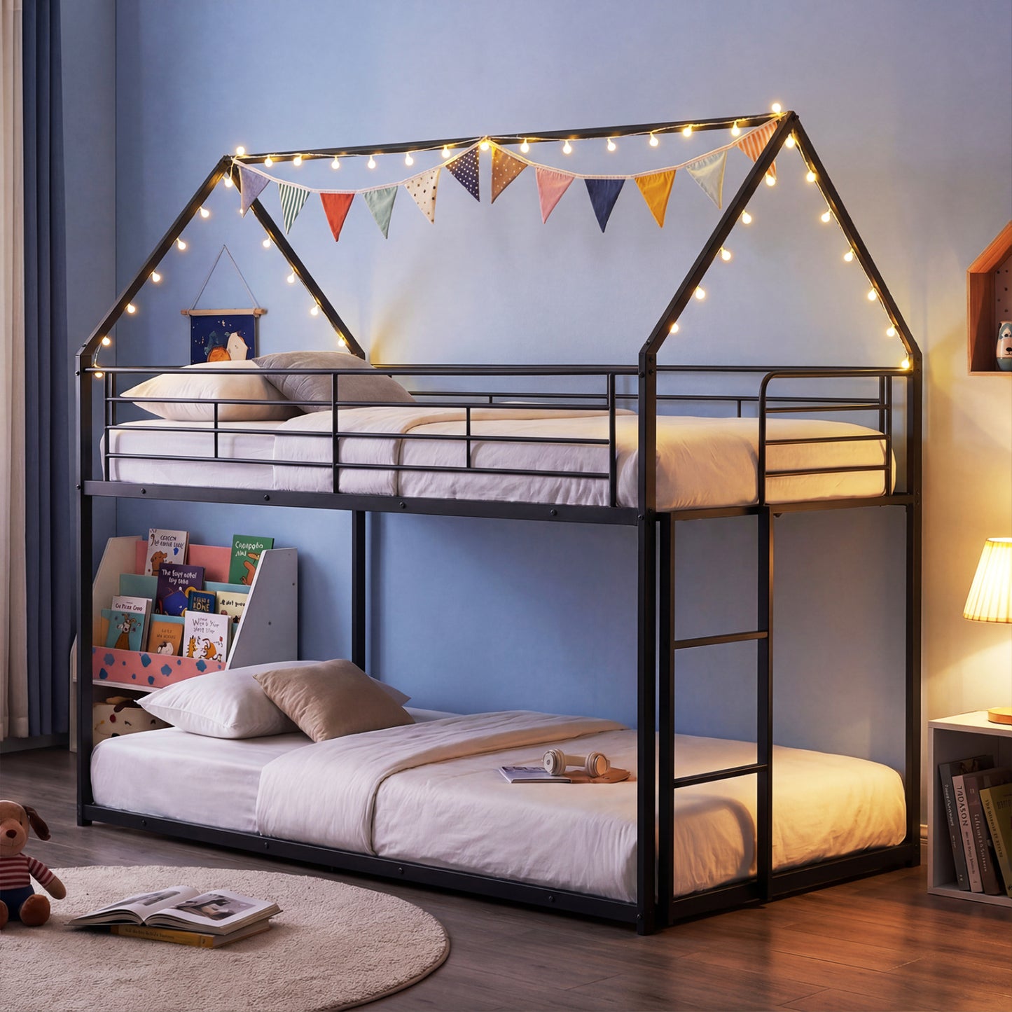 Twin Over Twin Metal Bunk Bed With Roof, Ladder, Black Bunk Bed Frame at Gallery Canada