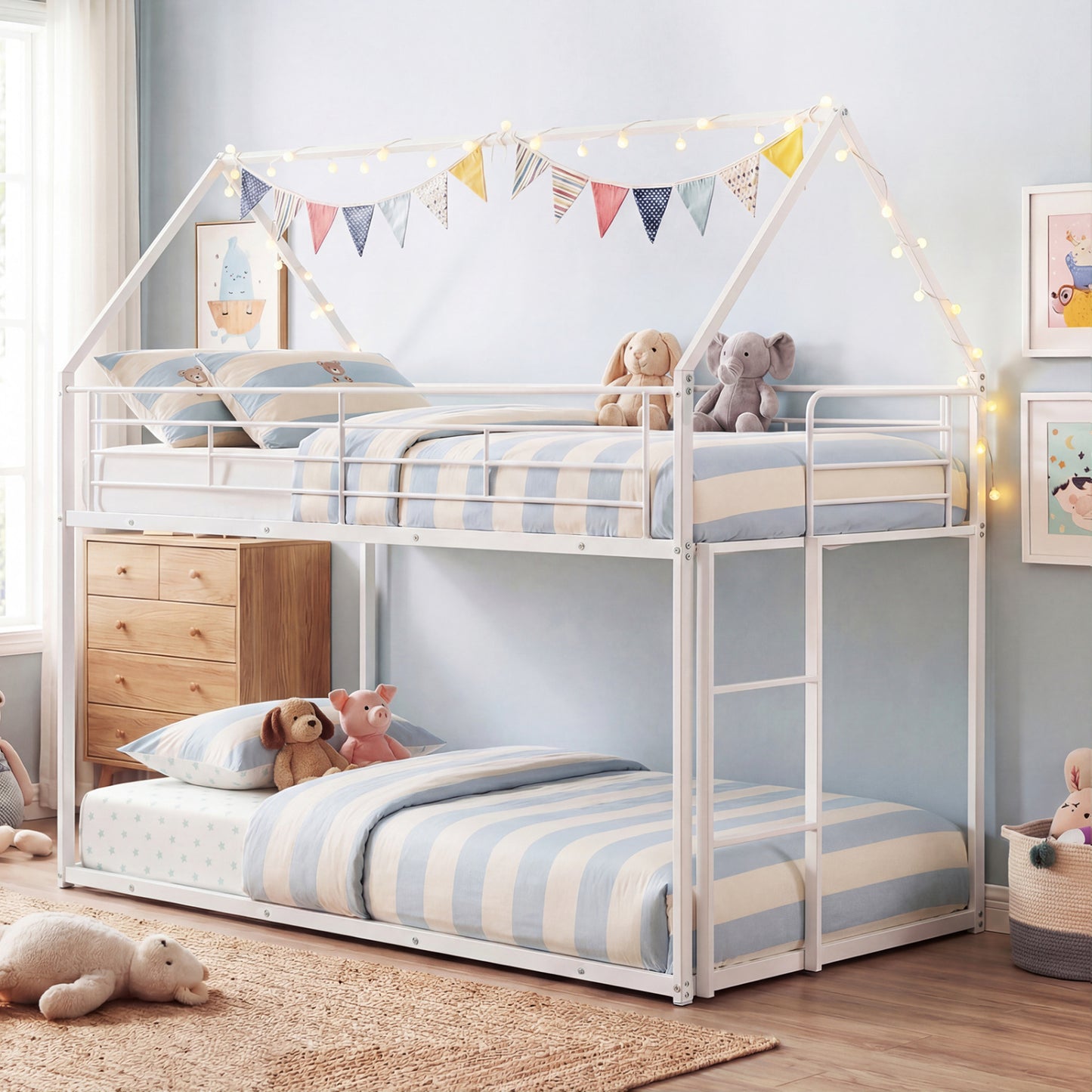Twin Over Twin Metal Bunk Bed, Roof And Ladder, White Bunk Bed Frame at Gallery Canada
