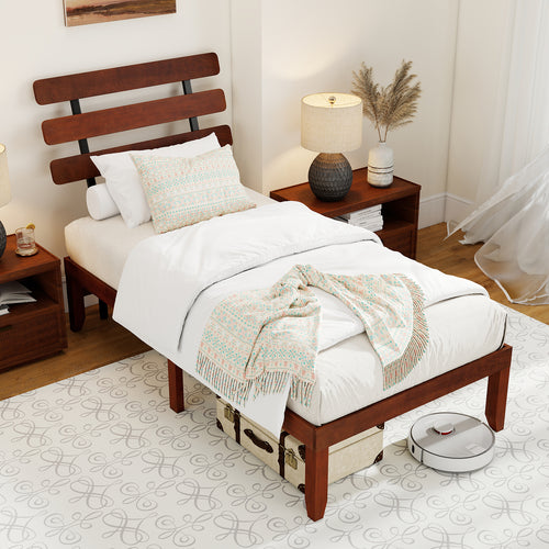 Twin Size Bed Frame, 15.5 Inch Solid Wood Platform, Retro Headboard, Walnut