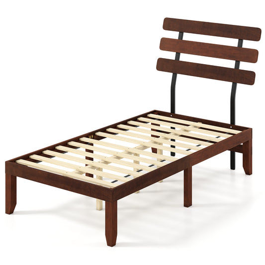 Twin Size Bed Frame, 15.5 Inch Solid Wood Platform, Retro Headboard, Walnut Simple Bed Frame Walnut at Gallery Canada