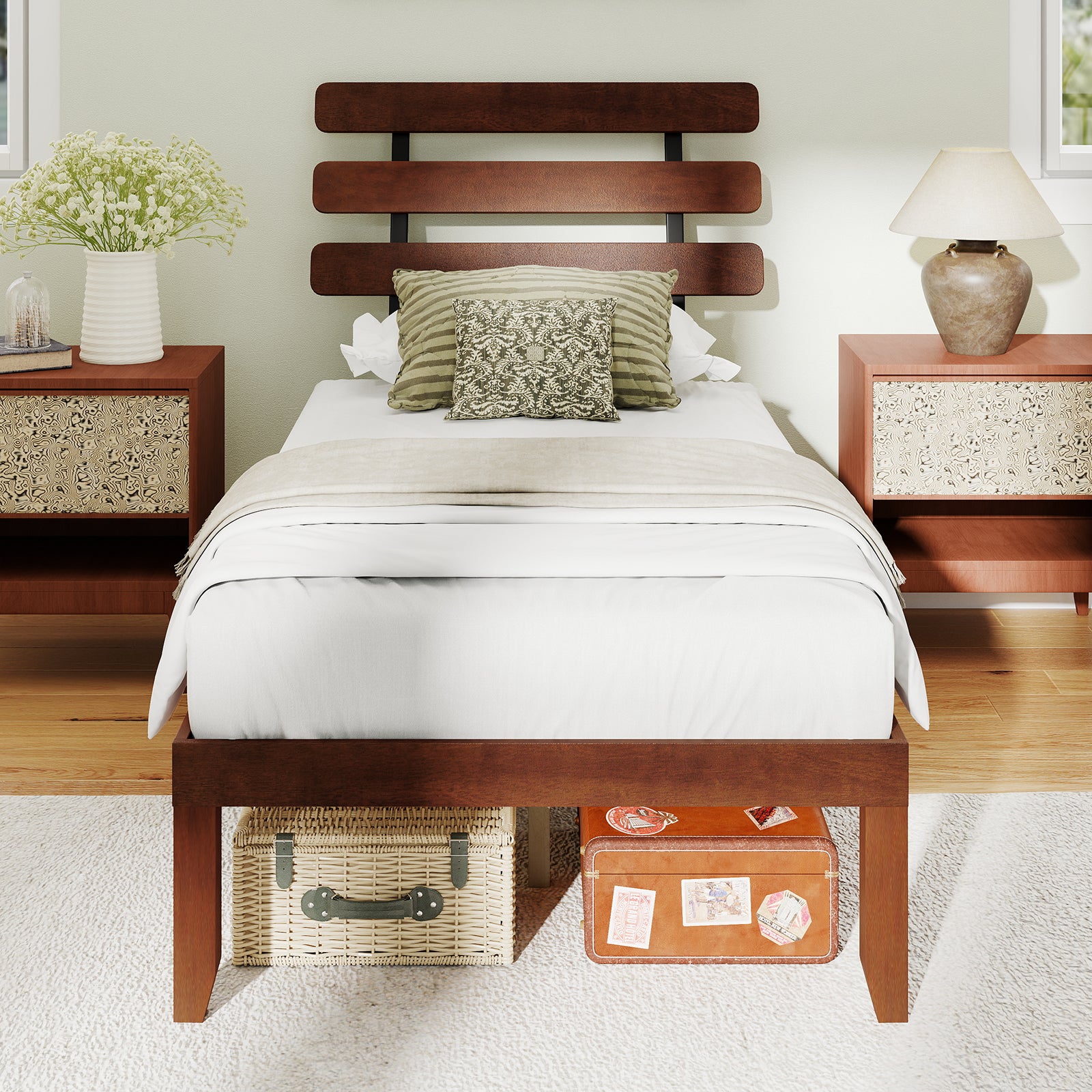 Twin Size Bed Frame, 15.5 Inch Solid Wood Platform, Retro Headboard, Walnut Simple Bed Frame at Gallery Canada