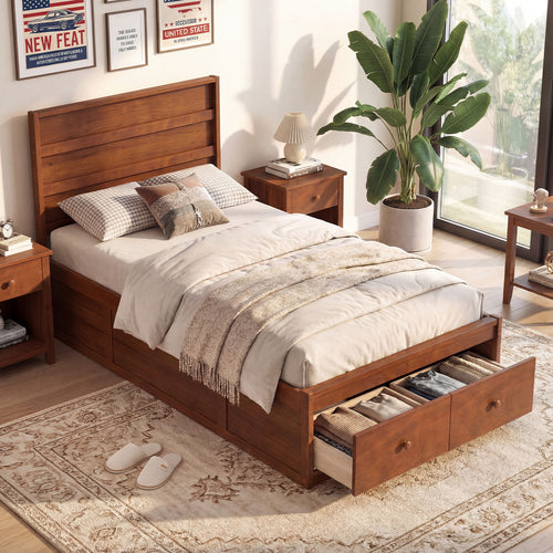 Twin Size Bed Frame with Storage Drawers and Headboard, Walnut