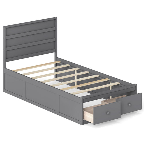 Twin Size Bed Frame with Storage Drawers and Headboard, Gray