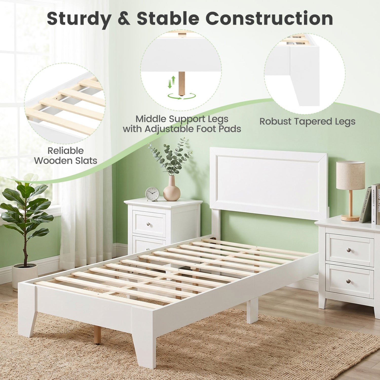 Twin Size Bed Frame with Headboard, White Simple Bed Frame at Gallery Canada