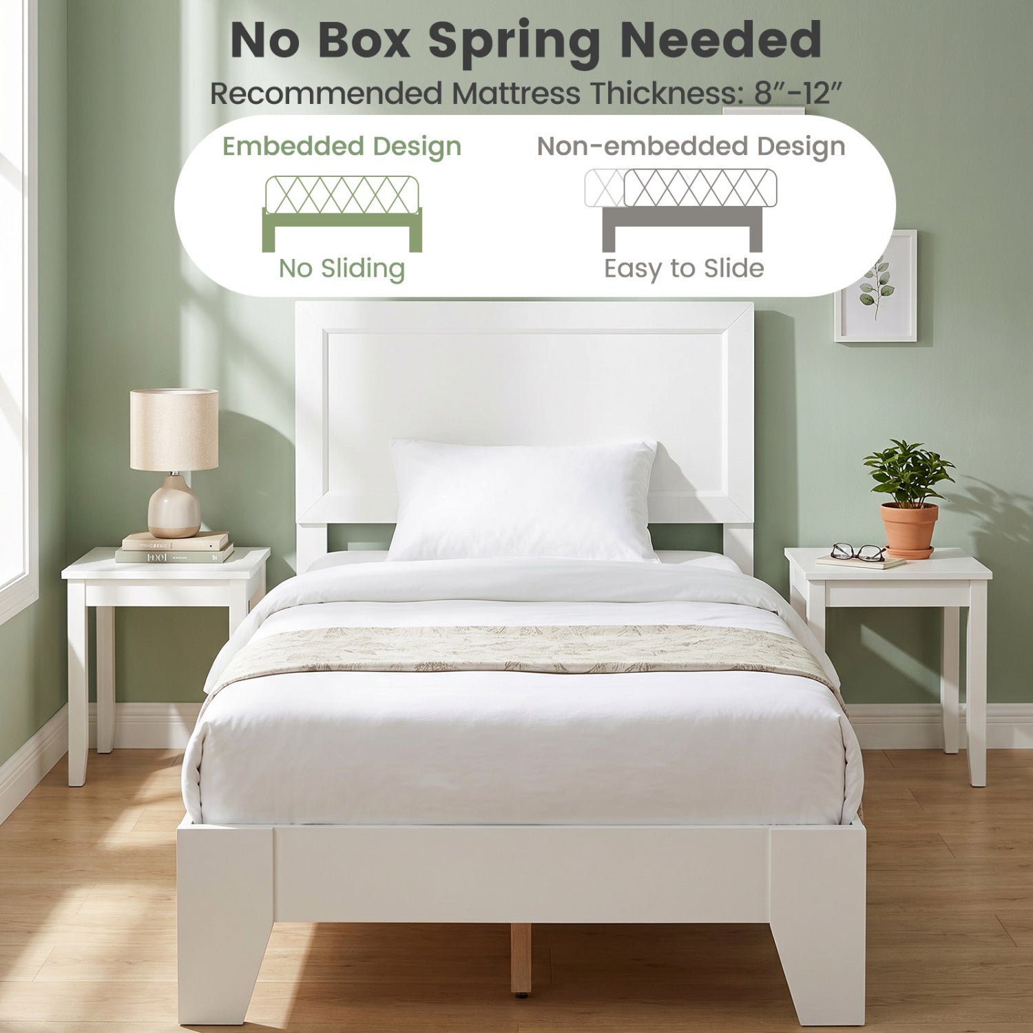 Twin Size Bed Frame with Headboard, White Simple Bed Frame at Gallery Canada