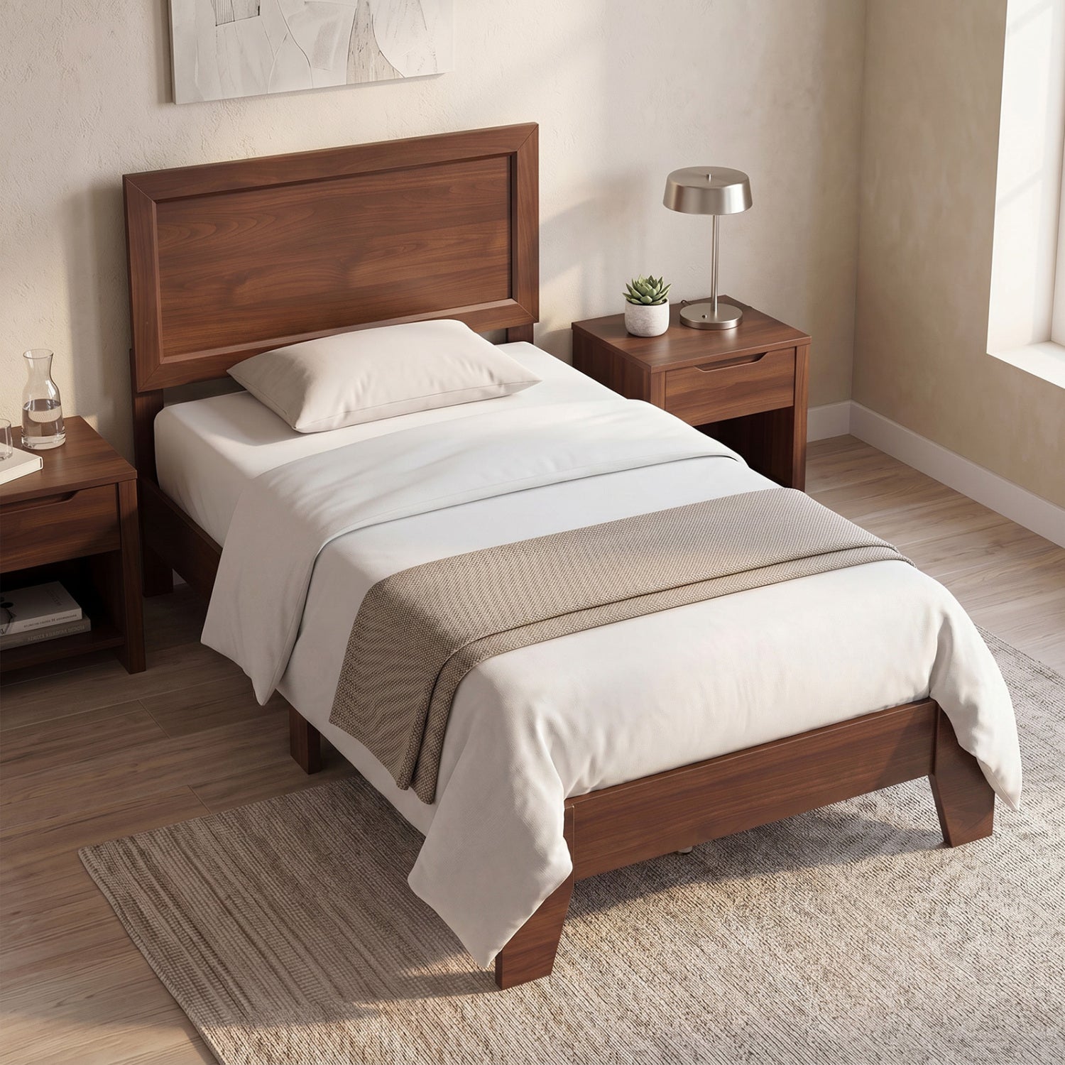 Twin Bed Frame with Headboard, No Box Spring Needed, Walnut Simple Bed Frame at Gallery Canada