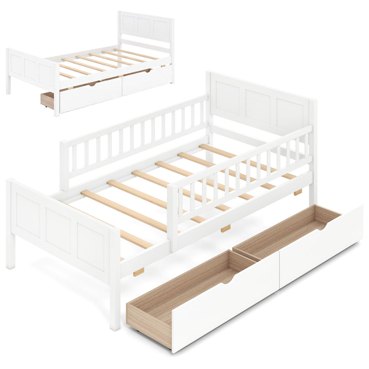 Twin Bed Frame with Detachable Guardrails, White Trundle Bed Frame White at Gallery Canada