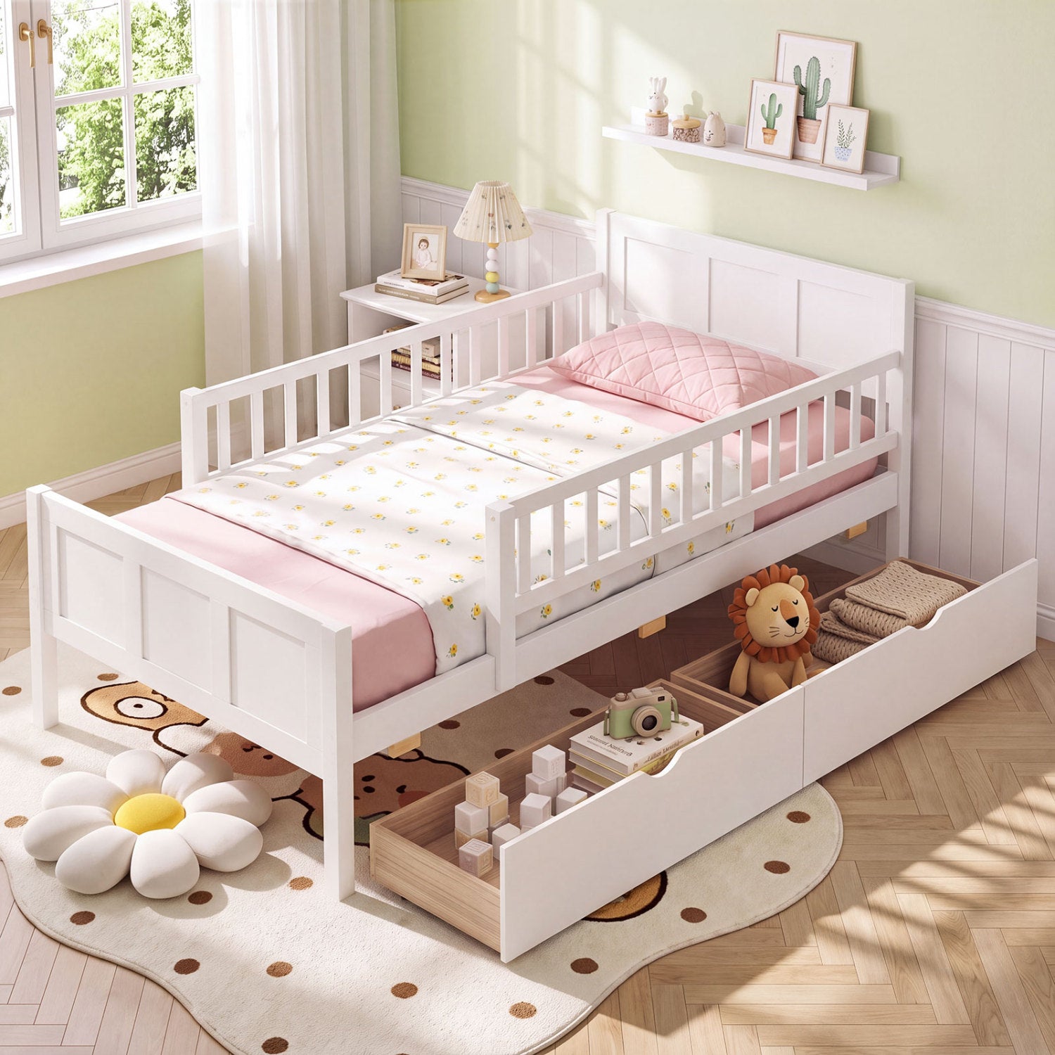 Twin Bed Frame with Detachable Guardrails, White Trundle Bed Frame at Gallery Canada