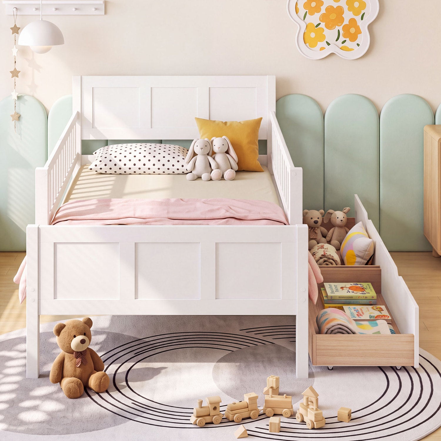 Twin Bed Frame with Detachable Guardrails, White Trundle Bed Frame at Gallery Canada
