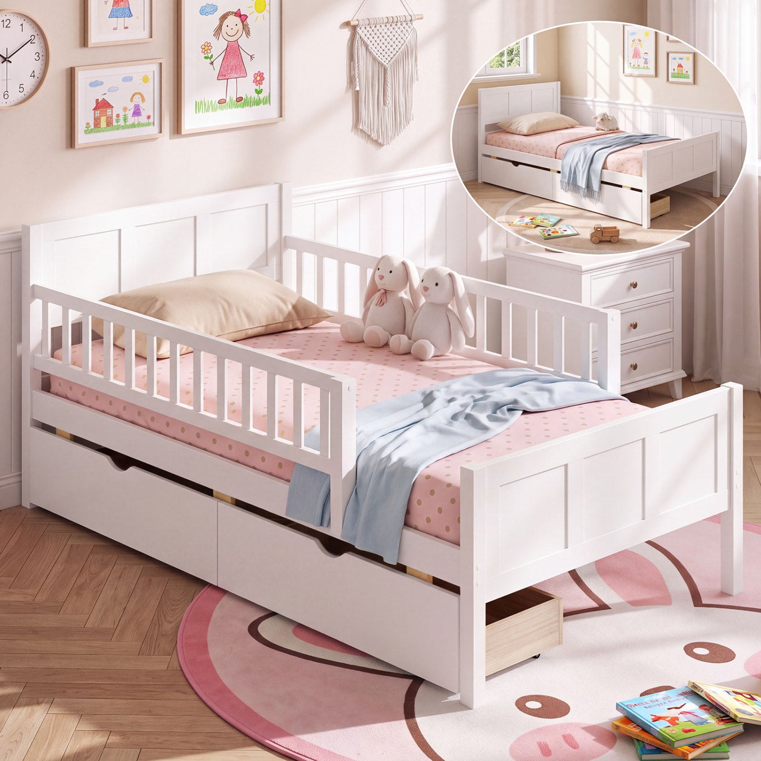 Twin Bed Frame with Detachable Guardrails, White Trundle Bed Frame at Gallery Canada