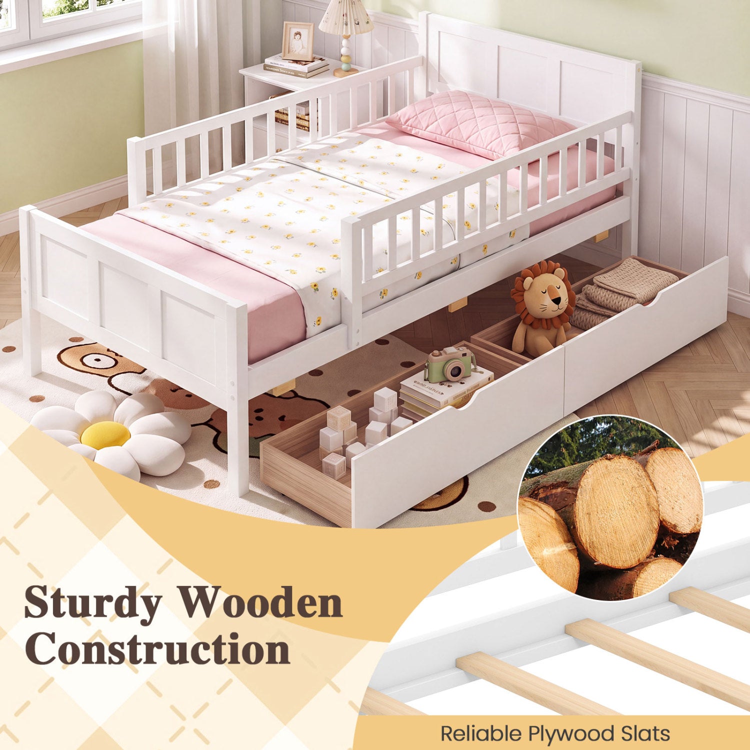Twin Bed Frame with Detachable Guardrails, White Trundle Bed Frame at Gallery Canada