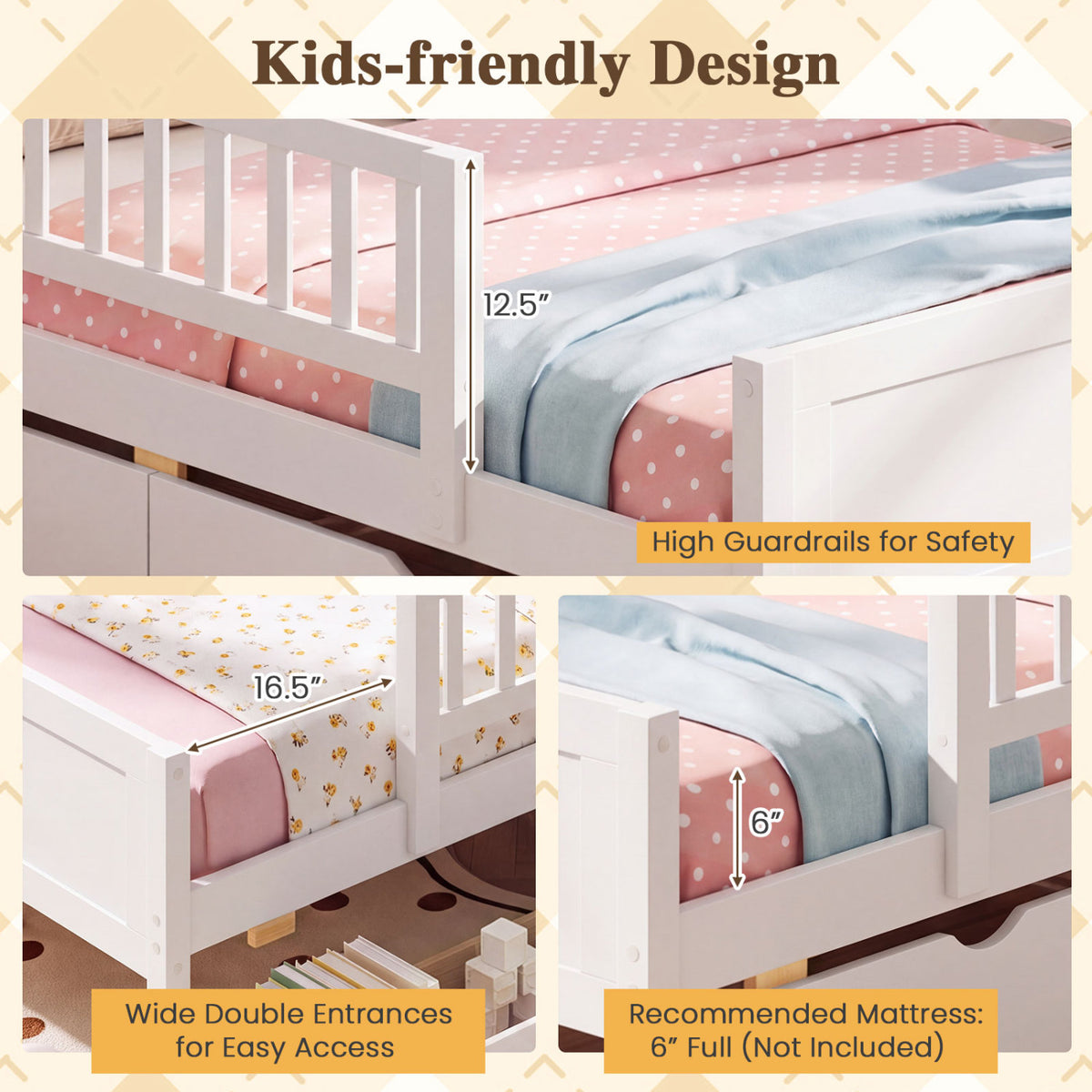 Twin Bed Frame with Detachable Guardrails, White Trundle Bed Frame at Gallery Canada
