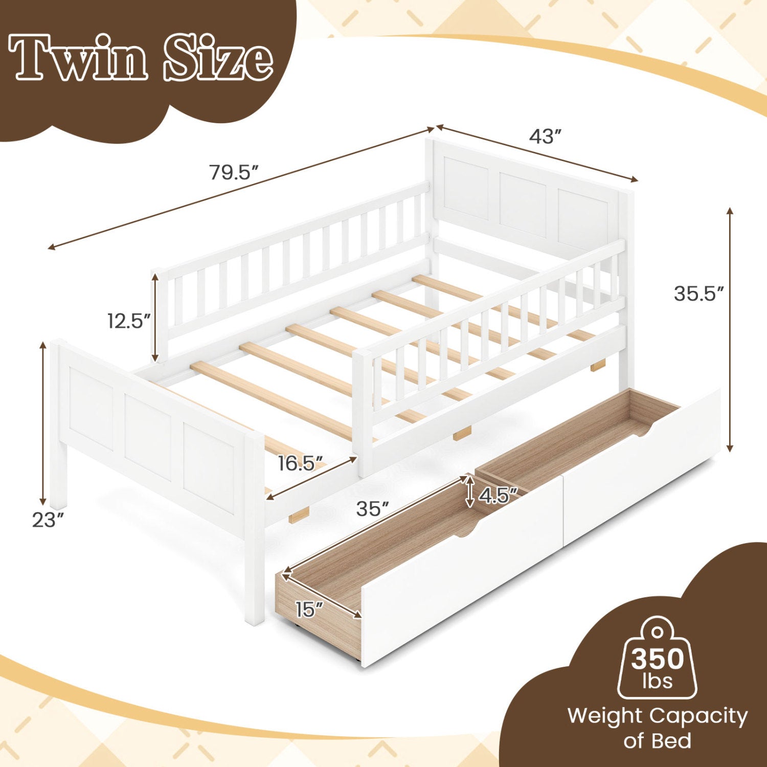Twin Bed Frame with Detachable Guardrails, White Trundle Bed Frame at Gallery Canada