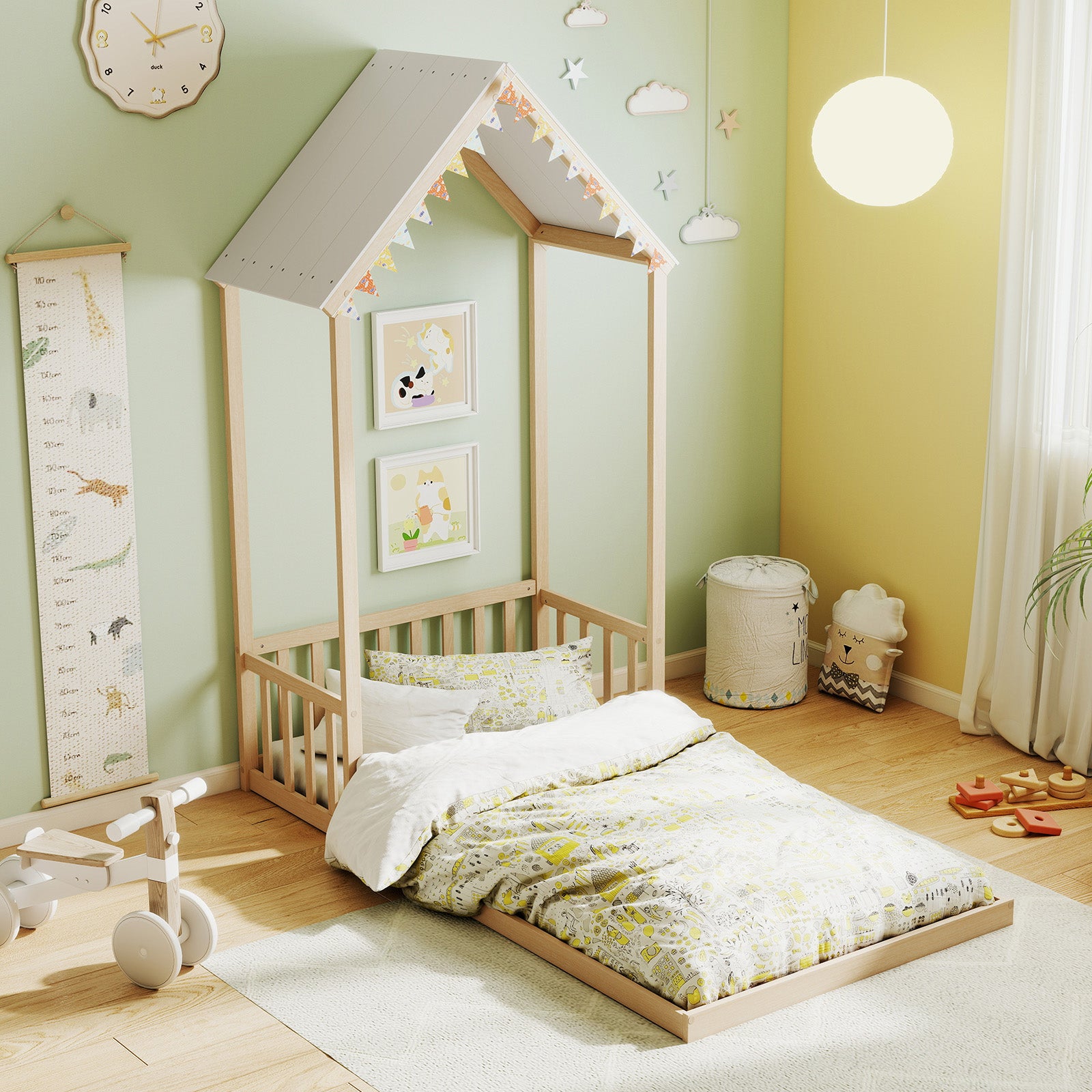 Twin Size House Bed With Roof, Semi-Fence, Natural Toddler Beds at Gallery Canada